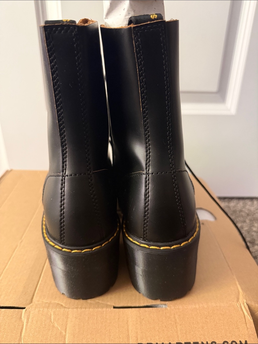 Dr. Martens Leona Vintage Smooth Black Lace-Up Platform with Yellow Stitching - Picture 8 of 9
